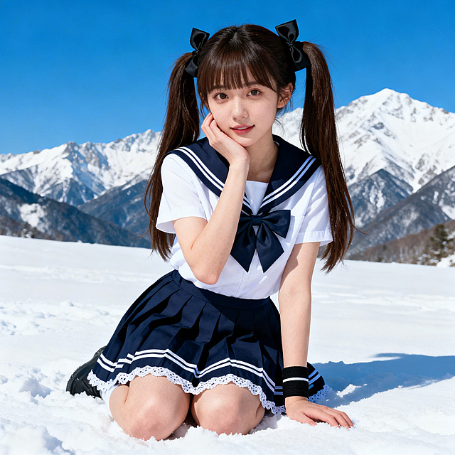 18岁东亚少女，双马尾发型，深棕色长发，黑色蝴蝶结发饰，空气刘海，清澈明亮的眼睛，精致甜美的五官，白皙肌肤。身穿经典藏青色水手服，白色短袖上衣，藏青色海军领配白色条纹，胸前大蝴蝶结，藏青色百褶短裙带白色蕾丝边和条纹装饰，黑色腕带。跪坐在纯白雪地上，单手托腮，姿态优雅。背景是连绵的雪山，山顶覆盖白雪，湛蓝的天空万里无云。晴天，强烈的自然光，明亮清晰，写实风格，细节拉满，氛围感十足