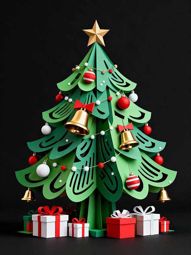 卡通风格+3D涂鸦，剪纸风格的圣诞树，有铃铛