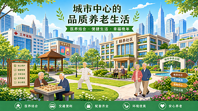 卡通风格温馨插画，画面中一座现代化养老社区建在城市中心，旁边有带红十字标识的三甲医院、购物商场、公园；几位卡通老人在社区花园里下棋、锻炼、散步；画面远处是城市天际线；阳光明媚，绿树成荫；整体配色温暖明亮，主色调为绿色和蓝色，传递"城市中心的品质养老生活"信息，扁平卡通风格，横版构图