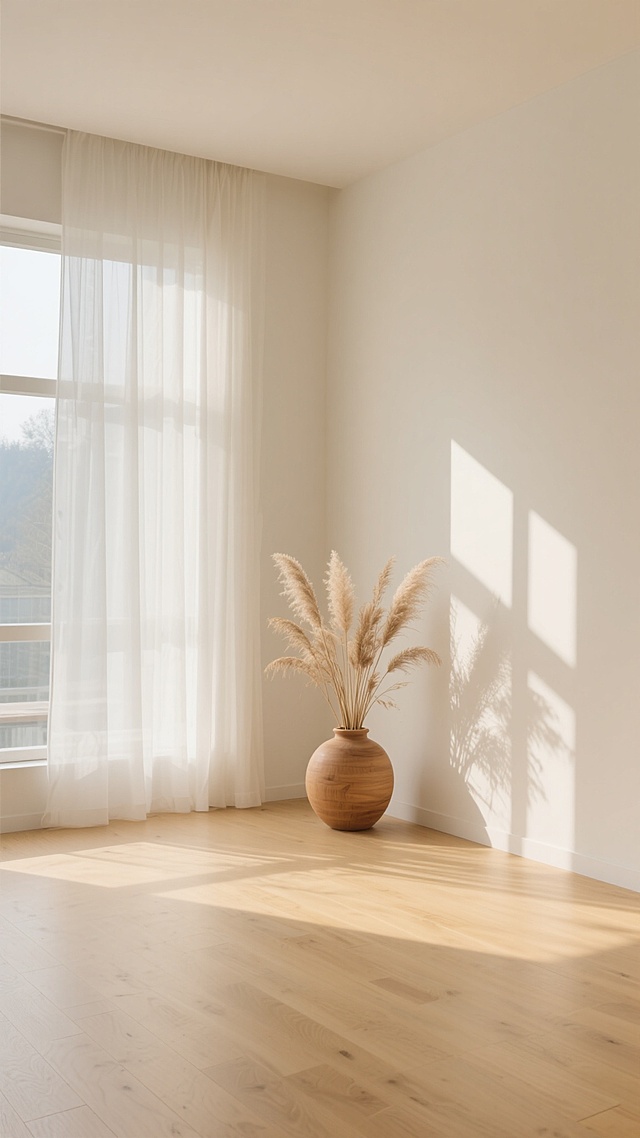 极简主义风格室内场景，温暖柔和的米白色墙面与浅色木地板，大面积自然柔光透过轻薄白色窗帘洒入，形成清晰的窗格光影投射在墙面与地面，角落处摆放着一个圆润造型的原木色陶瓷花瓶，插有干枯的芦苇花束，整体色调以米白、原木色、浅黄为主，营造出宁静、治愈、明亮通透的氛围，不同角度展现房间内部布局，可包含简约家具摆设，配色保持简约温暖的中性色系，光影层次丰富，质感细腻，空间感开阔。