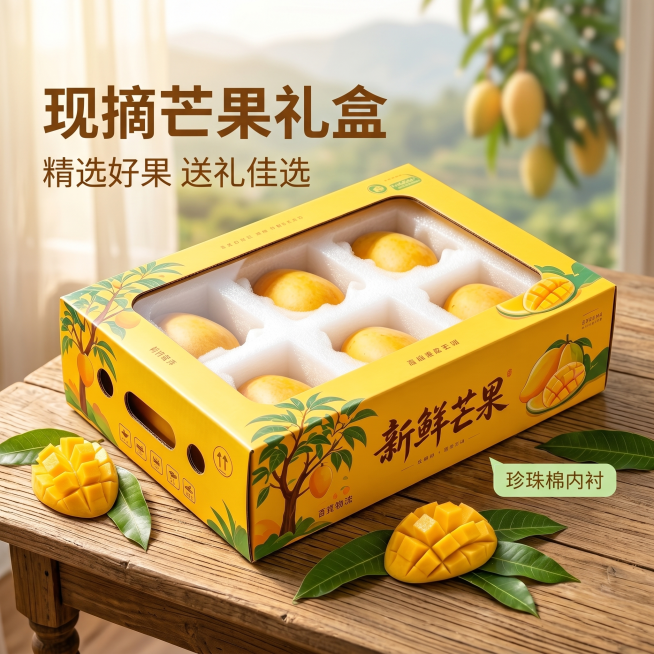 [主图 1] 现摘芒果礼盒新鲜美味首图。
[氛围风格] 温馨舒适家居治愈风，自然田园氛围；
[画质] 商业摄影质感、光线柔和通透、产品清晰真实、画面干净高级。
[元素] 打开的黄色芒果礼盒居中摆放，展预览效果