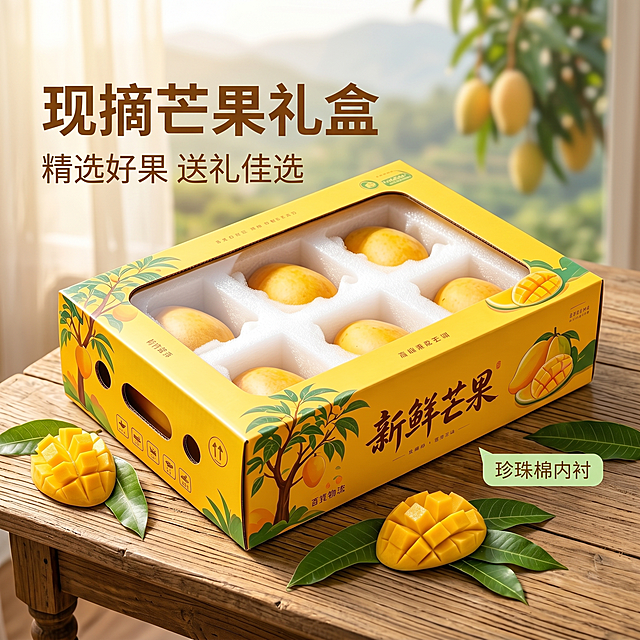 [主图 1] 现摘芒果礼盒新鲜美味首图。
[氛围风格] 温馨舒适家居治愈风，自然田园氛围；
[画质] 商业摄影质感、光线柔和通透、产品清晰真实、画面干净高级。
[元素] 打开的黄色芒果礼盒居中摆放，展示出饱满金黄的芒果和珍珠棉内衬，礼盒放置在复古木质餐桌上，周围点缀新鲜芒果叶片和切开的芒果块，暖黄色调柔和自然。保持现摘芒果礼盒外观（物理结构、材质质感、颜色）与输入产品图绝对一致，杜绝任何变形和色差，精细化处理。商品主体占比严格控制在 70%左右，画面满屏无边框。
[光影] 清晨的自然暖阳从左侧窗户斜射入，经过纱帘柔化成大面柔光，色温暖柔和，水果表皮呈现通透的自然光泽，背景虚化柔和突出主体，高光不溢出，暗部有层次，没有生硬的阴影。
[配色] 主色调为暖黄色（礼盒和芒果），辅助色为清新的绿色（叶片）、自然木色（餐桌），整体和谐温馨。
[视角构图] 平视视角，礼盒为视觉中心，前中后景分层，景深适中，轮廓完整不裁切。
[文字版式] 左上负空间左对齐留安全边距，两行主辅文案不遮挡礼盒主体。大字文案为"现摘芒果礼盒"，暖棕色最大号粗体无衬线；辅助短句为"精选好果 送礼佳选"，约半高，同色略浅。右下小标签标注"珍珠棉内衬"，浅绿底白字留内边距。文字清晰易读，与背景形成对比。
[比例分辨率] 1:1 比例，2k 分辨率；文字清晰锐利，超高清。
[负向提示词] 变形，水印，文字错乱，产品图模糊，背景杂乱，牛皮癣，配色刺眼，遮挡主体。