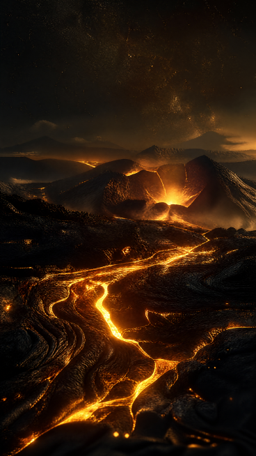 深邃火山夜景背景，熔岩流淌泛金光，星点微光闪烁, 黑金主色调，高端大气，柔和光影，无文字、无人物、无产品、无logo，4K超清画质预览效果