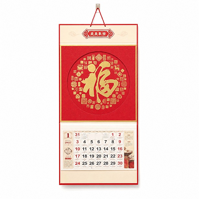 产品精修，产品置于纯白背景上，专业商业棚拍光，5500K标准中性白光，轮廓光，体积光，曝光正确，强烈真实立体感，接地处保留干净浅淡的自然接触阴影，严禁大片投影、脏灰阴影和悬浮感，主体居中，商品完整入画不裁切，商品外轮廓视觉体量约画面70%-85%，四周均匀留白约15%-30%，严禁满幅铺满与贴边顶满，极致超清画质，细节清晰锐利，商业级实拍质感，保留原图真实材质与结构细节，明显提升商品表面洁净度，清理灰尘、污渍、指纹、油污、胶痕和霉点，让表面从脏旧发闷变为干净可售卖状态，修复划痕、磨损、掉漆、飞边毛刺和使用旧痕，翻新为干净商业新品感，基于原图材质恢复纹理、颗粒、折射、高光、柔韧折痕、透明边线或工艺细节，避免糊成塑料感，清除底纹、广告条、贴片、角标、文字残留、非商品自带Logo、水印、平台标识和杂色背景，去除非售卖主体杂物、临时垫块、包装垫、支撑块、纸片或填充物，严禁误删商品结构，锁定原图商品颜色，颜色以输入图为唯一参考，分段部件颜色边界按原图锁定，还原真实物理色彩，消除灰暗感和偏色，锁定原图商品轮廓、件数、部件位置、连接关系、标签文字和可见功能细节，只做精修不重绘结构，挂历主体纸面：哑光纸质质感，柔和漫反射，低高光，烫金烫银文字图案：光面金属质感按原图锁定，高光边线清晰，反射干净但不过度镜面化，挂绳：布艺/纺织质感自然，织纹方向清晰，纤维层次真实，正视图，标准透视校正，正常透视焦段，保持同类机位，比例1:1