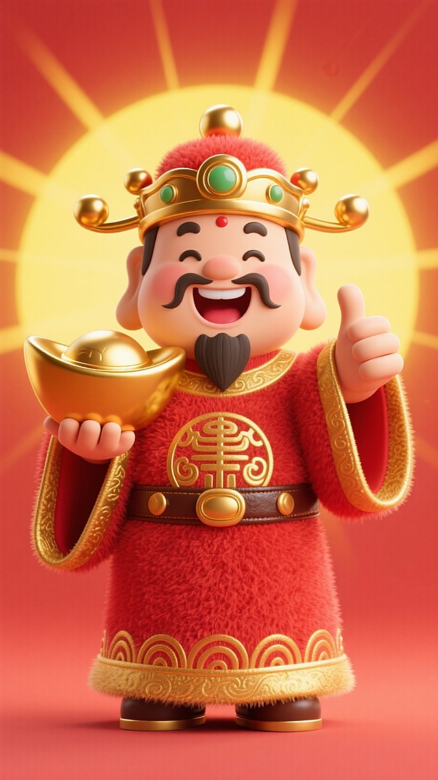 财神爷的形象，富丽堂皇的装扮，装饰傍身，珐琅金色球绒顶冠，红色官袍镶金边，粗鎏金纹饰皮腰带，一只手拿一个超大的金元宝，另一个手竖大拇指点赞手势，开心地笑，背后是黄色的光晕，绽放光芒，暖色调，红色渐变背景