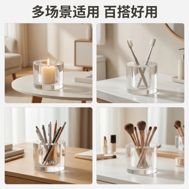 高透明亚克力容器场景主图，简约风格，四宫格拼图设计，分别展示容器的四种使用场景：1. 客厅茶几作为蜡烛台摆放蜡烛，2. 浴室台面作为牙刷架放置牙刷，3. 书桌桌面作为笔筒收纳文具，4. 化妆台作为化妆预览效果