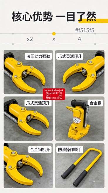 [第2屏] 核心卖点总览-爪式液压千斤顶四大优势展示。本屏使用【图1】提取产品细节做分宫格展示。
[氛围/风格] 专业参数风，深灰底+白色信息块，对比清晰，工业整洁质感。
[元素布局] 顶部主标题，下预览效果