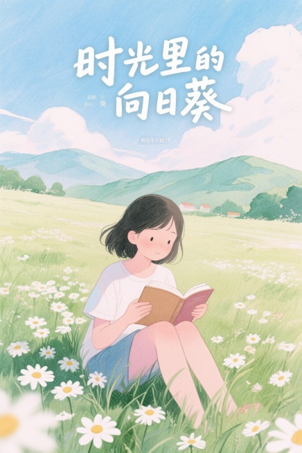 手绘水彩风格的青春治愈小说封面，柔和的粉蓝色调，画面中心是少女坐在开满白色雏菊的草地上，手中捧着一本翻开的书，远处有淡绿色的山峦和飘着白云的天空，整体氛围温暖宁静，书名“时光里的向日葵”用手写体白色字预览效果