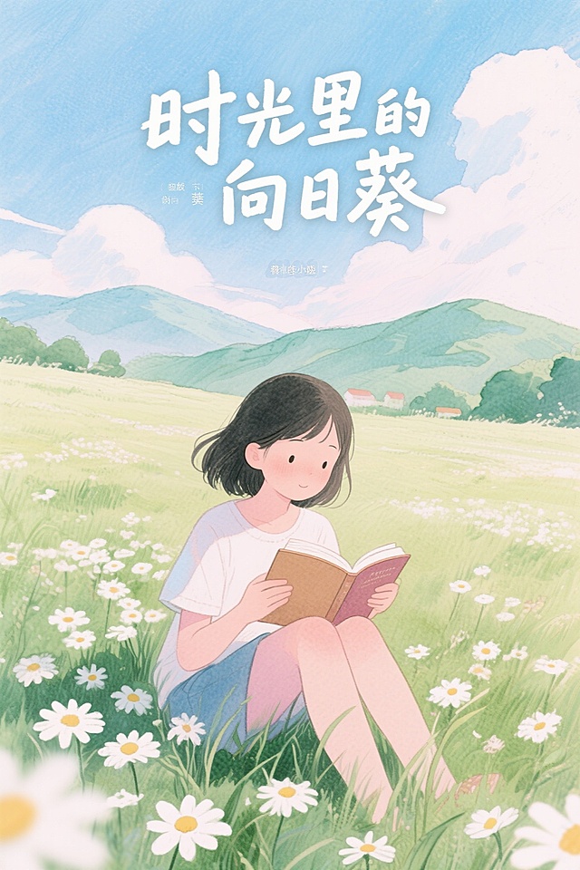 水彩风插画，清新柔和的田园场景，女孩在花丛中阅读，文艺梦幻，传递夏日静谧与时光温柔。