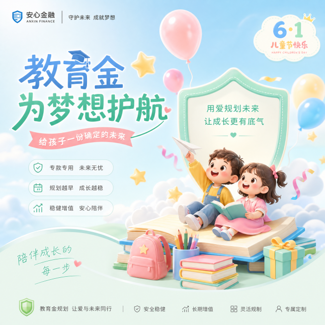 一张教育金金融小卡片，包含六一儿童节元素，整体风格活泼明亮，适合亲子主题，卡片设计简洁大气，带有气球、星星儿童节装饰，色调柔和清新预览效果