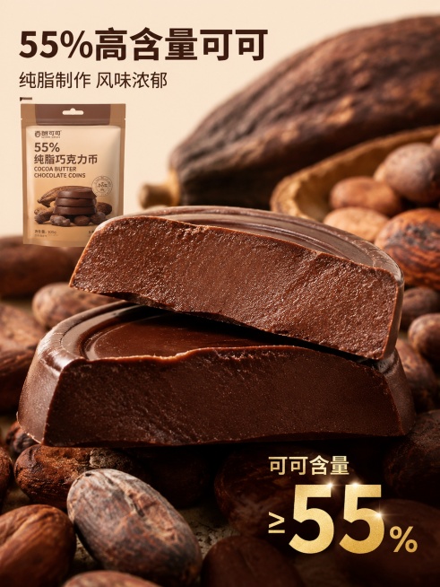 [第2屏] 成分展示专屏-西树可可55%纯脂巧克力币核心原料。
[氛围/风格] 真实原料质感，专业通透食品摄影风。
[元素布局] 画面中心大比例展示掰开的巧克力币特写，呈现纯正可可脂质地，可可棕颜色均预览效果