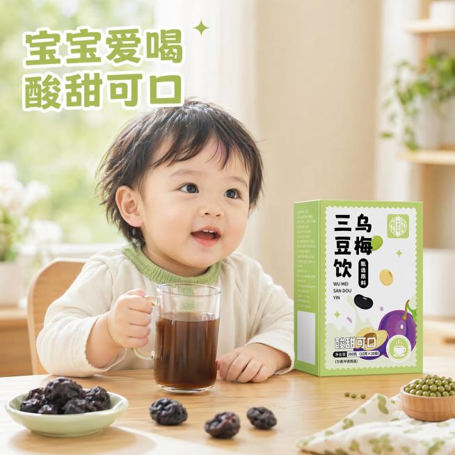 [主图-4] 乌梅三豆饮宝宝饮用场景主图。[氛围风格] 温馨治愈亲子风，突出适配宝宝的特点。[画质] 商业摄影质感，光线柔和通透，产品清晰真实，画面干净高级。[元素] 干净明亮的儿童餐桌，放着一杯放凉预览效果