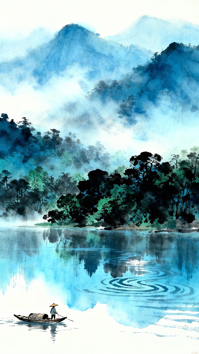 中国水墨画风格的山水风景，宁静悠远的氛围，主色调为青蓝色与墨色，柔和的自然光从雾气中透出，光线强度适中，水面呈现细腻的倒影和波纹质感，远处层叠的山峦被薄雾笼罩，近景是茂密的墨绿色树林，湖面上有一艘小船，船上有一位戴斗笠的渔夫正在划船，整个画面构图遵循三分法，空间层次分明，水面占画面下方三分之一，渔夫和小船位于左下角，形成视觉焦点，整体画面传达出空灵、静谧、悠远的东方意境，色彩和谐统一，笔触细腻，光影柔和，营造出如诗如画的山水景色。