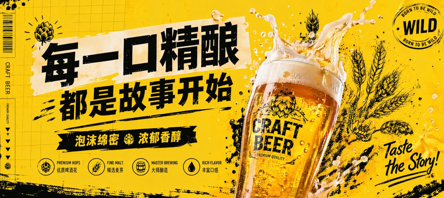 精酿啤酒横版海报，保留原有全部设计：高饱和黄色美式复古网格狂野风，保留所有文字内容、版式、啤酒杯和喷溅效果，仅替换原有熊的形象，换成更简约低调的黑色手绘啤酒花麦穗剪影，不抢主体，保持整体风格统一，其他预览效果