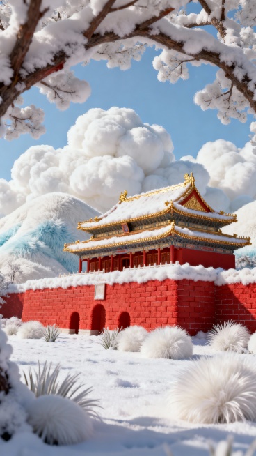 中国风古建筑雪景摄影，红墙金瓦的传统宫殿式建筑被厚雪覆盖，前景是覆雪的树枝形成天然画框，雪地上的红色宫墙与金色飞檐色彩鲜明，整体氛围静谧典雅，冬日氛围感浓厚预览效果