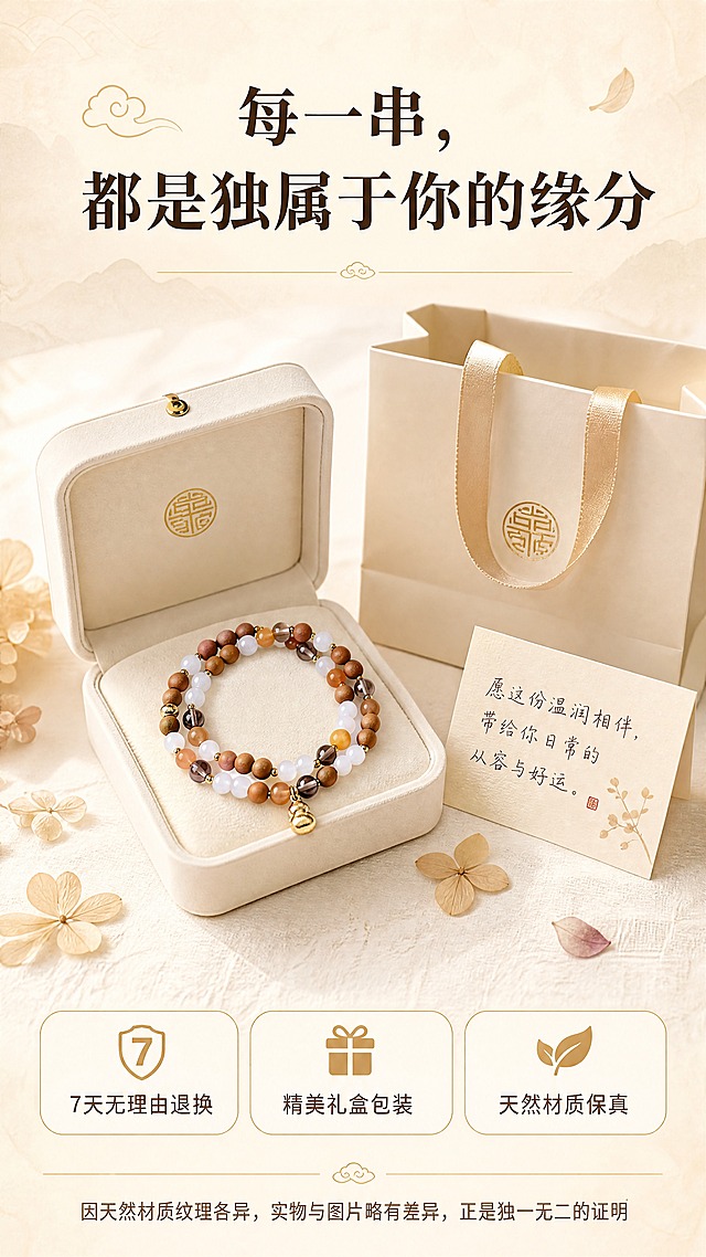 [商品] 使用【图1】新中式芭比檀双圈手串；保留完整双圈结构、四种珠子颜色排列、金色葫芦吊坠；手串置于精美首饰盒中，作为包装展示主体。
[画面] 目标：信任收尾页，展示包装与售后保障。构图：画面中部展示手串置于米白色绒布首饰盒内的开盖静物图，盒盖半开，旁边放一张手写感祝福卡和一个同色系礼品袋；产品占画面40%；背景为米白纹理，散落几片干花瓣；上方和下方留白放文案与服务信息。
[视觉] 套系策略：风格=新中式禅意商业摄影风；标题字=宋体衬线粗体；正文字=简洁无衬线体；主色=米白杏色；背景延展=基于米白杏做深浅层级、宣纸纹理、同色系渐变；强调色=暖金色，用于图标、分隔线、服务标签边；标题色=深棕褐；正文色=暖灰棕；组件=圆角服务标签、细线分隔、祥云小图标；光影=顶部暖柔光，均匀柔和。
[文字] 画面上方标题「每一串，都是独属于你的缘分」；画面下方三个服务标签横向排列「7天无理由退换」「精美礼盒包装」「天然材质保真」；最底部一行温馨提示「因天然材质纹理各异，实物与图片略有差异，正是独一无二的证明」；全部横向排版。
[规格] 图片比例9:16竖版，4K分辨率，淘宝/天猫详情页适配；避免变形、错字、文字过小、冷蓝背景、绝对化用语、虚假承诺。