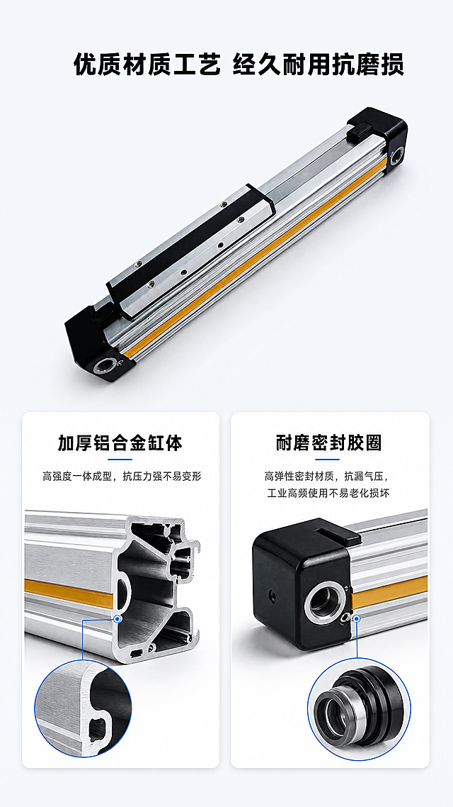 [第5屏] 材质工艺展示页，展示加厚铝合金缸体和耐磨密封胶圈优势。本屏使用【图1】作为产品主体，保留产品整体外观结构。
[氛围/风格] 浅色工业风，突出材质细节，清晰可信的专业展示风格。
[元素布局] 产品主体放在画面上半部分，占据约55%区域，下方分两格展示缸体和密封圈细节特点，左侧展示加厚铝合金缸体截面示意，右侧展示耐磨密封胶圈特写示意，背景浅灰底配白色卡片。用特写放大标注突出材质优势。
[光影质感] 主光照亮金属缸体，体现铝合金材质的金属质感，密封胶圈细节清晰，整体光线均匀柔和，突出材质特点。
[配色色系] 全局底色：#F5F7FA（浅灰）；产品保持原有银黑白黄配色；卡片白色#FFFFFF，标题深蓝色#162D59。
[视角构图] 上下构图，产品整体在上，材质细节分两格在下，左右分栏，信息层级清晰。
[文字版式] 顶部标题 "优质材质工艺 经久耐用抗磨损"黑色加粗居中。左侧卡片「加厚铝合金缸体」高强度一体成型，抗压力强不易变形；右侧卡片「耐磨密封胶圈」高弹性密封材质，抗漏气压，工业高频使用不易老化损坏。每个卡片标题加粗，描述清晰，文字不遮挡产品主体。
[比例分辨率] 9:16竖版比例，4K分辨率，文字清晰可辨，超高清。
[负向提示词] 产品变形，结构错误，颜色偏差，文字错乱，背景杂乱，水印。