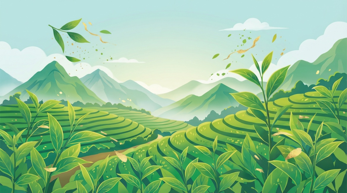 帮我生成一张参考图的茶园背景图，去掉图片上的文字预览效果