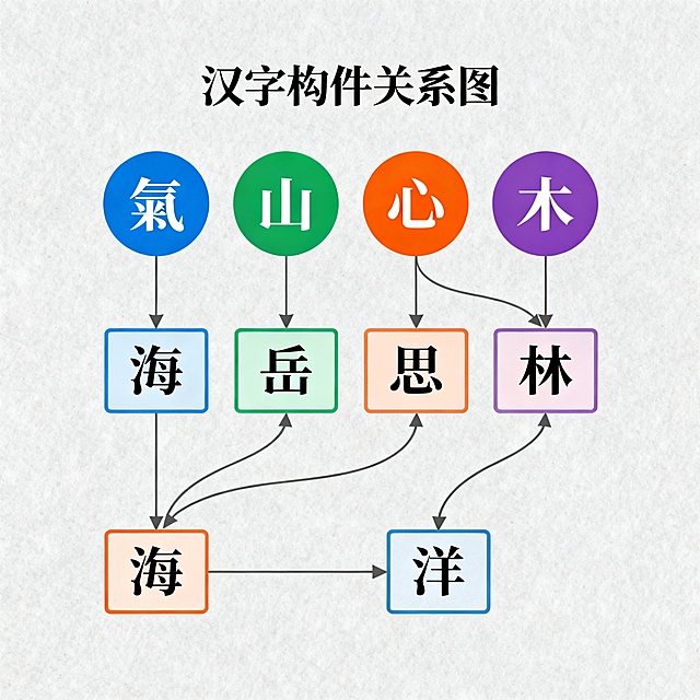 <svg width="800" height="600" xmlns="http://www.w3.org/2000/svg" font-family="sans-serif" font-size="14">
  <!-- 背景 -->
  <rect width="100%" height="100%" fill="#f9f9f9"/>

  <!-- 标题 -->
  <text x="400" y="30" text-anchor="middle" font-size="18" fill="#333">汉字构件关系图</text>

  <!-- 层级间距常量 -->
  <defs>
    <marker id="arrow" markerWidth="8" markerHeight="8" refX="4" refY="4" orient="auto">
      <path d="M0,0 L8,4 L0,8 Z" fill="#666"/>
    </marker>
  </defs>

  <!-- 第一层：构件 -->
  <g id="radicals">
    <!-- 氵 -->
    <circle cx="150" cy="80" r="30" fill="#cce5ff" stroke="#3399ff" stroke-width="2"/>
    <text x="150" y="85" text-anchor="middle" font-size="16" fill="#0066cc">氵</text>
    <text x="150" y="105" text-anchor="middle" font-size="12" fill="#003366">水部</text>

    <!-- 山 -->
    <circle cx="300" cy="80" r="30" fill="#d5f5e3" stroke="#27ae60" stroke-width="2"/>
    <text x="300" y="85" text-anchor="middle" font-size="16" fill="#145a32">山</text>
    <text x="300" y="105" text-anchor="middle" font-size="12" fill="#0e3d21">山部</text>

    <!-- 心 -->
    <circle cx="450" cy="80" r="30" fill="#fdebd0" stroke="#e67e22" stroke-width="2"/>
    <text x="450" y="85" text-anchor="middle" font-size="16" fill="#9c640c">心</text>
    <text x="450" y="105" text-anchor="middle" font-size="12" fill="#784e0e">心部</text>

    <!-- 木 -->
    <circle cx="600" cy="80" r="30" fill="#ead1dc" stroke="#af7ac5" stroke-width="2"/>
    <text x="600" y="85" text-anchor="middle" font-size="16" fill="#5b2c6f">木</text>
    <text x="600" y="105" text-anchor="middle" font-size="12" fill="#3b1f48">木部</text>
  </g>

  <!-- 第二层：汉字 -->
  <!-- 氵 → 海 -->
  <rect x="120" y="160" width="60" height="30" rx="5" fill="#cce5ff" stroke="#3399ff"/>
  <text x="150" y="180" text-anchor="middle" font-size="16" fill="#004080">海</text>
  <line x1="150" y1="110" x2="150" y2="160" stroke="#666" stroke-width="1.5" marker-end="url(#arrow)"/>

  <!-- 山 → 岳 -->
  <rect x="270" y="160" width="60" height="30" rx="5" fill="#d5f5e3" stroke="#27ae60"/>
  <text x="300" y="180" text-anchor="middle" font-size="16" fill="#145a32">岳</text>
  <line x1="300" y1="110" x2="300" y2="160" stroke="#666" stroke-width="1.5" marker-end="url(#arrow)"/>

  <!-- 心 → 思 -->
  <rect x="420" y="160" width="60" height="30" rx="5" fill="#fdebd0" stroke="#e67e22"/>
  <text x="450" y="180" text-anchor="middle" font-size="16" fill="#9c640c">思</text>
  <line x1="450" y1="110" x2="450" y2="160" stroke="#666" stroke-width="1.5" marker-end="url(#arrow)"/>

  <!-- 木 → 林 -->
  <rect x="570" y="160" width="60" height="30" rx="5" fill="#ead1dc" stroke="#af7ac5"/>
  <text x="600" y="180" text-anchor="middle" font-size="16" fill="#5b2c6f">林</text>
  <line x1="600" y1="110" x2="600" y2="160" stroke="#666" stroke-width="1.5" marker-end="url(#arrow)"/>

  <!-- 第三层：词组 -->
  <!-- 海 → 海洋 -->
  <rect x="130" y="240" width="70" height="30" rx="5" fill="#b3d9ff" stroke="#2980b9"/>
  <text x="165" y="260" text-anchor="middle" font-size="15" fill="#154360">