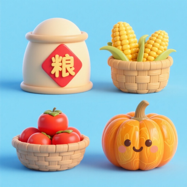 4个中秋素材组合，可爱电商促销感。素材包括：第一个粮仓（贴着带有 “粮” 字的红色菱形福字）；第二个一筐玉米；第三个一筐柿子；第四个南瓜。画面整体呈现鲜艳效果，淡蓝色背景。上下两行，排列整齐预览效果
