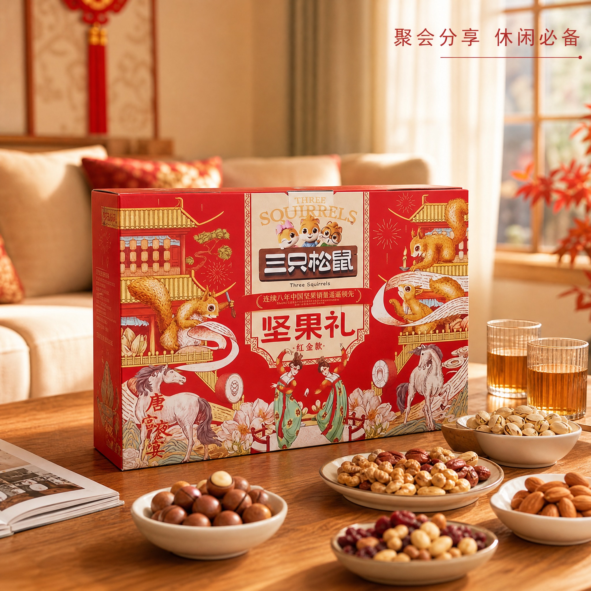 [主图-3] 三只松鼠坚果礼红金款礼盒场景图，亲友聚会分享场景… - 图片创意预览