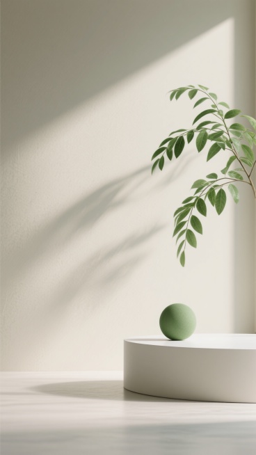 极简主义3D渲染，简约现代风格，柔和自然光从右上角斜射，在浅米色磨砂质感背景墙上投下清晰的植物叶片阴影，画面左侧有一株翠绿的绿植枝叶自然垂落，白色弧形展示台上放置一个绿色圆形物体，整体色调以米白、浅灰、不同层次的绿色为主，光影柔和细腻，阴影过渡自然，营造出宁静、清新、简约的氛围，留白充足，构图采用不对称平衡，具有高度的空间感和立体感。预览效果