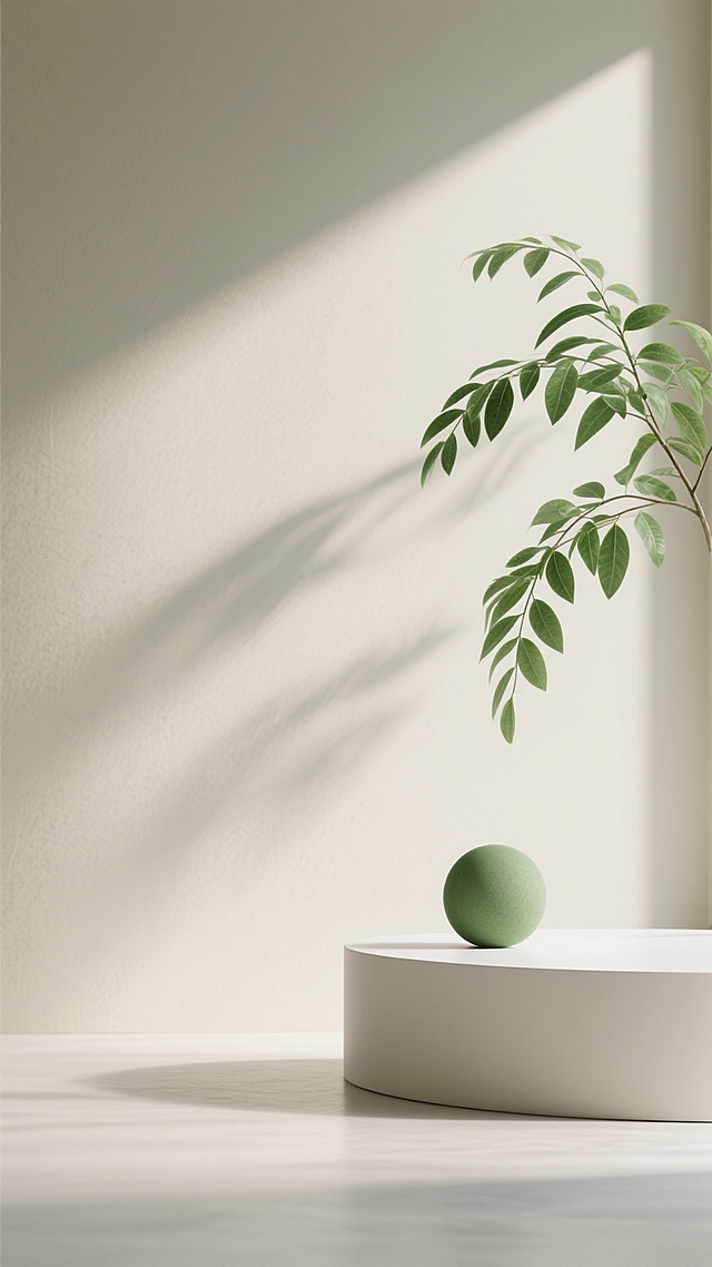极简主义3D渲染，简约现代风格，柔和自然光从右上角斜射，在浅米色磨砂质感背景墙上投下清晰的植物叶片阴影，画面左侧有一株翠绿的绿植枝叶自然垂落，白色弧形展示台上放置一个绿色圆形物体，整体色调以米白、浅灰、不同层次的绿色为主，光影柔和细腻，阴影过渡自然，营造出宁静、清新、简约的氛围，留白充足，构图采用不对称平衡，具有高度的空间感和立体感。