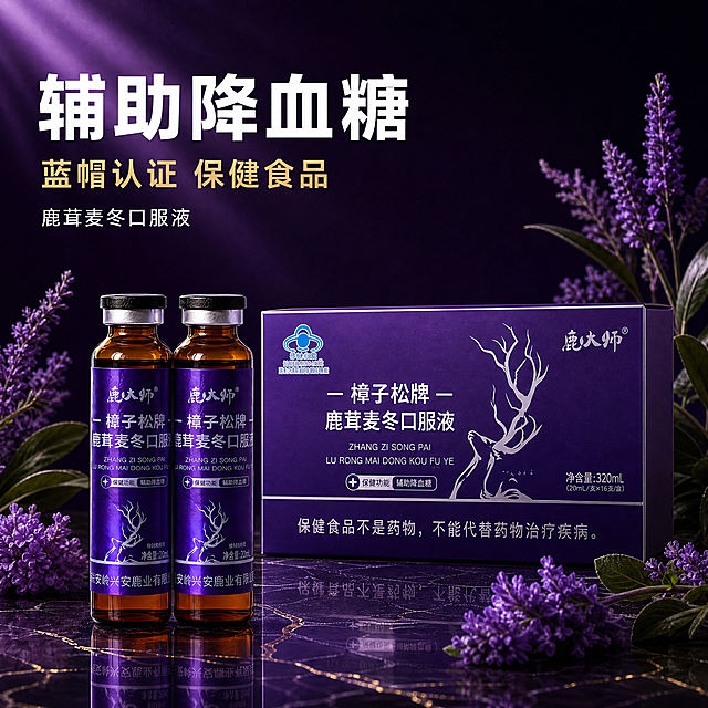[主图-1] 鹿茸麦冬口服液首图，展示产品主体与核心卖点，高端保健品风格。
[统一基调] 深紫色渐变背景，柔和紫色光束从左上斜射而下，黑色大理石纹理台面带金色纹理，产品底部有清晰倒影，两侧点缀紫色薰衣草花卉和绿色叶片，整体高端奢华神秘氛围。
[画面] 画面中央偏右位置放置一盒紫色包装的鹿大师樟子松牌鹿茸麦冬口服液包装盒，包装盒正面完整展示，左侧前方放置两支棕色玻璃口服液瓶，瓶身紫色标签清晰，产品占画面约60%。产品周围点缀紫色花朵和绿叶，自然散落。左上角留白处放置主标题文字。
[光影质感] 商业摄影质感，主光从左上方向照射，产品表面有柔和高光，玻璃瓶身有通透感和反光，大理石台面有清晰倒影，整体光影柔和有层次。
[配色] 深紫色背景为主，金色和白色为文字色，紫色花卉点缀，黑色大理石台面。
[文字版式] 左上角放置白色粗黑体大标题"辅助降血糖"，下方稍小金色字"蓝帽认证 保健食品"，再下方小字"鹿茸麦冬口服液"。文字清晰不遮挡产品主体。
[输出要求] 800×800像素正方形，产品清晰完整，文字清晰可读，禁止变形、错字、模糊、杂乱、水印、平台Logo。