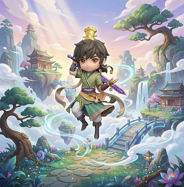 把图二的角色变成图一的大头3DQ版风格，添加仙侠背景