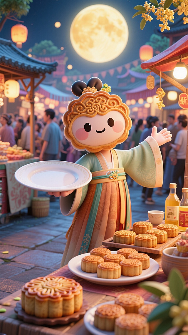 月饼拟人（保留月饼纹路，有五官穿汉服造型可爱）在集市摊位摆摊，左手端着一个空盘子冲向镜头伸手，右手向后，双手纵向打开形成动态感，盘子为视觉中心焦点正对镜头。摊位上放满了月饼和桂花酒，背景是热闹的中秋游园会集市，特写