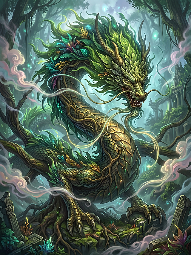 将这棵老榕树重绘为奇幻灵树龙，整株老榕树幻化为东方神龙形态：树干为龙身，肌理如龙鳞，树根化作巨爪踏于大地，浓密树冠凝聚成霸气龙头与蓬松龙鬃，悬垂气生根化作灵动龙须；周身萦绕淡淡灵光与云雾，古林秘境，仙气缭绕，色彩绚丽，玄幻插画风格，宏大视角，层次丰富