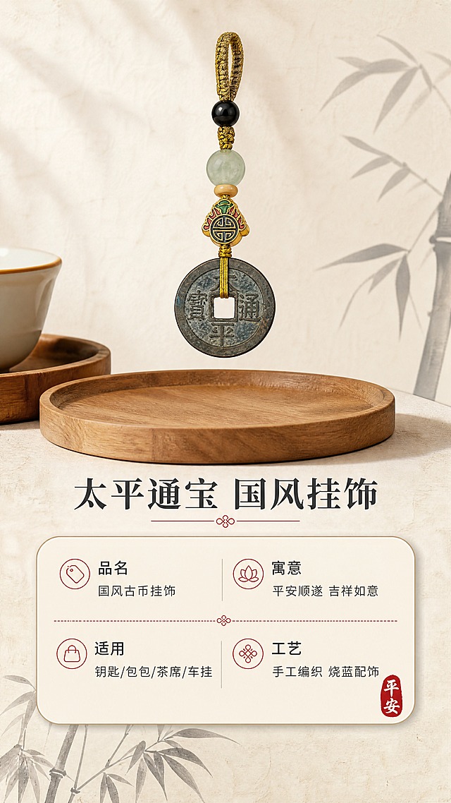 [商品] 使用【图1】太平通宝古钱币挂饰；保留古钱币、烧蓝福纹配饰、玉石圆珠、编织挂绳的完整结构、颜色和比例；商品本体文字"太平通宝"清晰保留。
[画面] 页面目标：产品信息与规格说明卡，清晰呈现产品信息与美好寓意，收口转化。构图：竖版9:16，上方产品标准展示图（挂饰垂直悬挂展示全貌，占画面约40%），下方圆角浅米色信息卡区域，分栏列出产品信息。背景为素米白宣纸质感，底部点缀淡墨竹影。阅读动线：从上至下，先看产品再读信息。
[视觉] 套系策略：风格=东方雅致国风商业摄影，温润禅意；标题字=宋体衬线粗体，中式典雅；正文字=简洁无衬线体；主色=暖木棕+朱砂红；背景延展=素米白宣纸质感桌面，深浅木色托盘做层次；强调色=朱砂红，仅用于小面积印章、引线和重点标注；标题色=深炭灰；正文色=中暖灰；组件=圆角浅米色信息卡、细红线引线、朱砂红小印章点缀；光影=左前侧暖柔光，柔和阴影，整体低对比度温润质感。
[文字] 产品下方主标题"太平通宝 国风挂饰"，信息卡内分栏：「品名」国风古币挂饰、「寓意」平安顺遂 吉祥如意、「适用」钥匙/包包/茶席/车挂、「工艺」手工编织 烧蓝配饰，右下角朱砂红小印章"平安"。所有文字横排，字号保证手机端清晰可读。
[规格] 图片比例9:16竖版，4K分辨率，避免变形、错字、文字过小、冷蓝灰背景、产品颜色改变、信息卡排版杂乱、极限词出现。