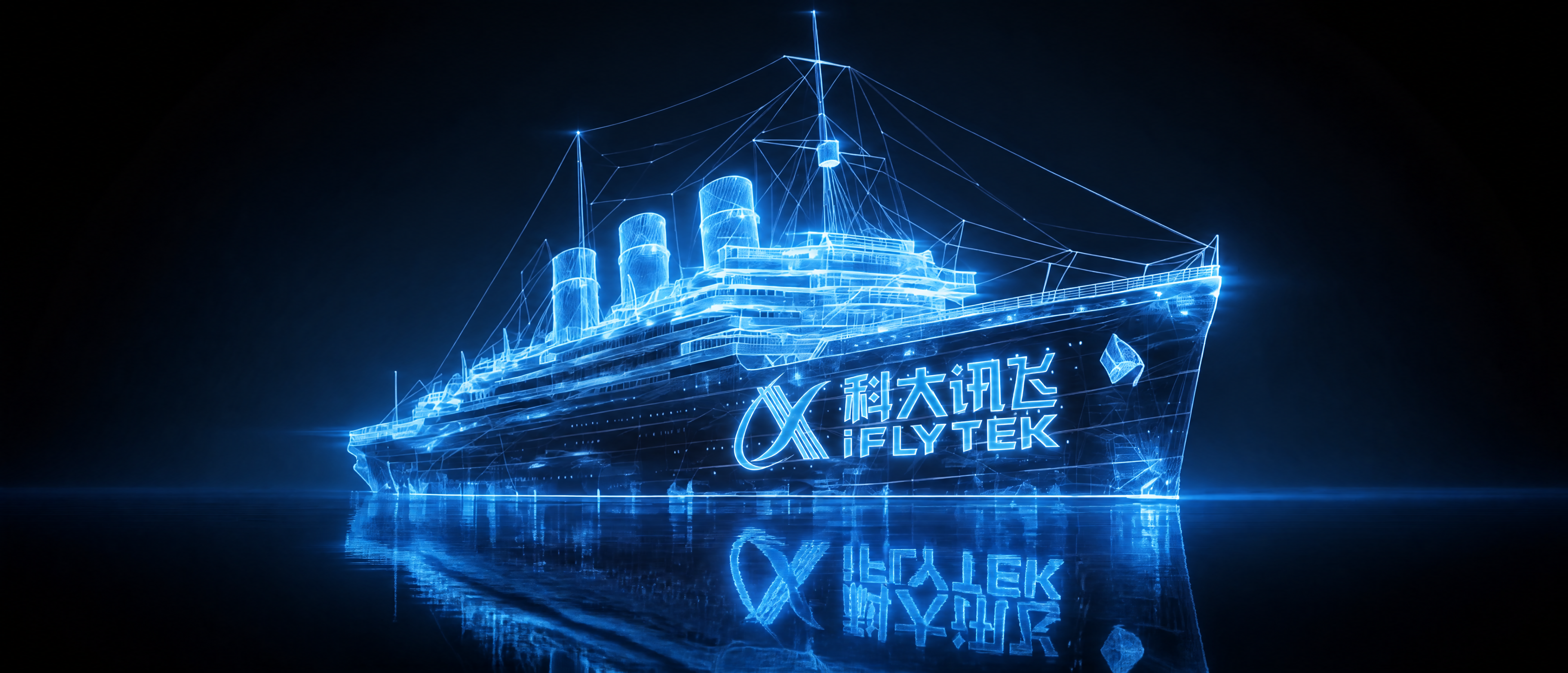 基于参考图的蓝色全息线框风格邮轮，将科大讯飞完整logo（含图… - 图片创意预览