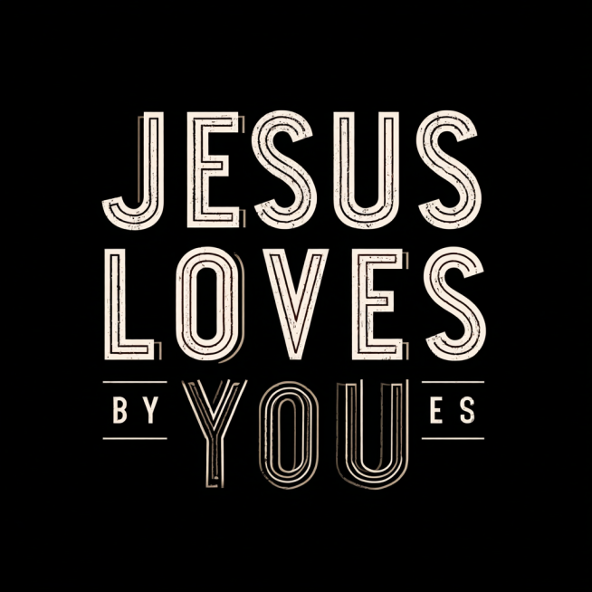纯黑色背景（#000000），
居中排版的大号英文字体设计，
文字内容必须为：JESUS LOVES YOU（100% 拼写正确），

三行结构排版：
第一行：JESUS（最大、最厚）
第二行：LOV预览效果