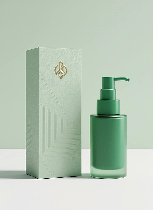 以图中的护肤品为元素，设计一款包装盒，护肤品正放在包装盒旁边，包装盒和护肤品都立在桌子上，画面淡绿色调为主，纯色背景，高级质感。