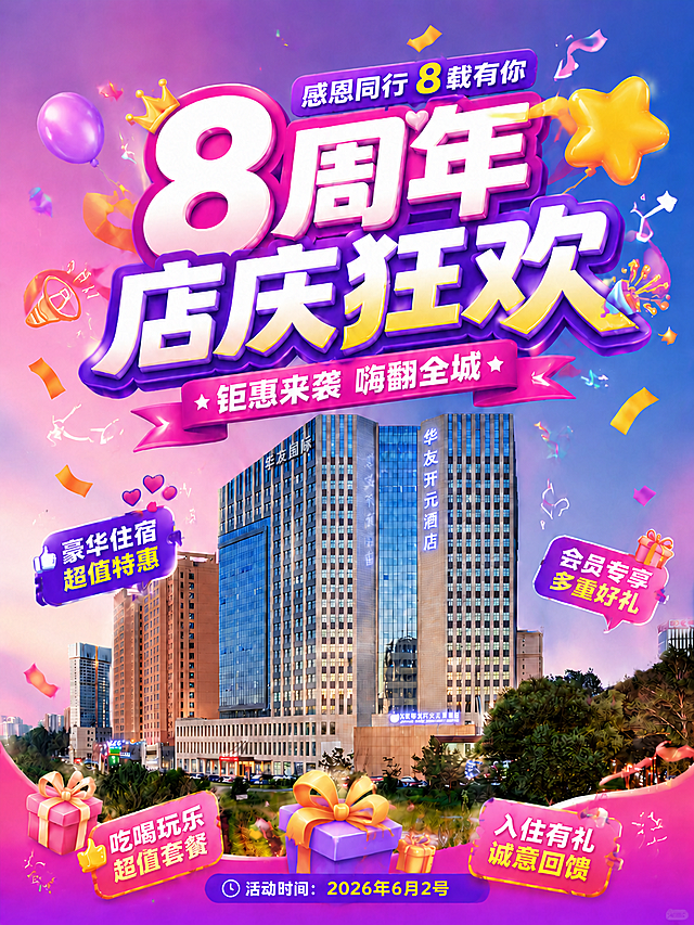 删除右下角“幸运抽奖惊喜不断”模块，替换为符合整体店庆风格的酒店特惠内容，例如“入住有礼 诚意回馈”，保持整体版式、配色和风格一致，其他内容不变