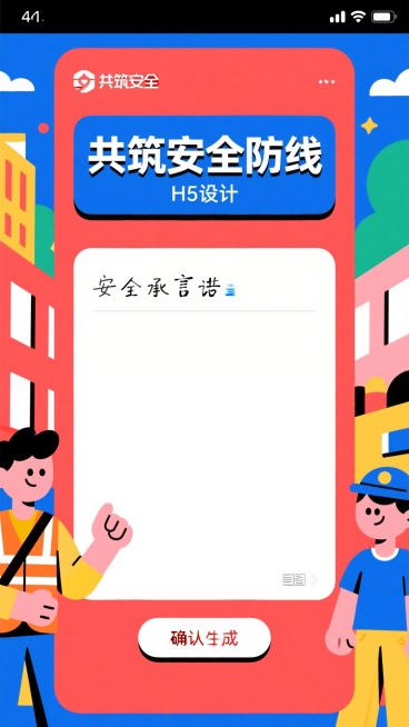 安全承诺留言页H5设计，红蓝主色调，顶部标题"共筑安全防线"，中间留白供用户写下安全承诺，底部有确认生成按钮，简约扁平化设计，积极正向预览效果