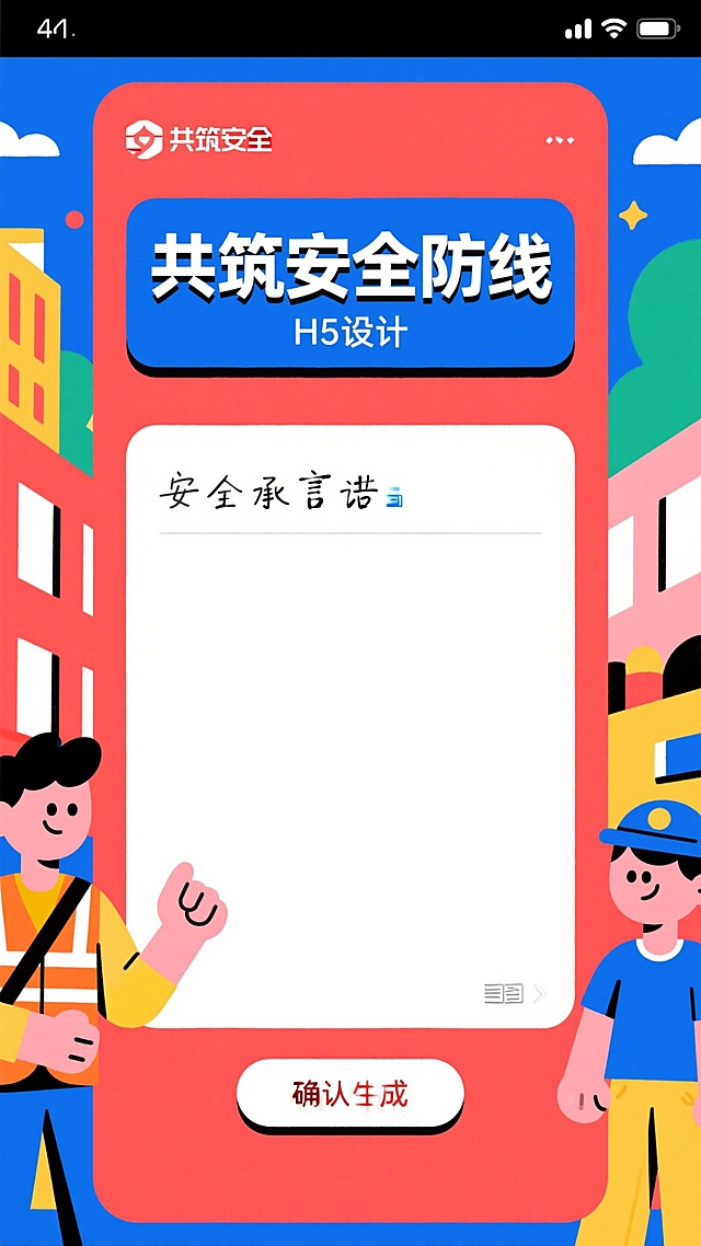 安全承诺留言页H5设计，红蓝主色调，顶部标题"共筑安全防线"，中间留白供用户写下安全承诺，底部有确认生成按钮，简约扁平化设计，积极正向