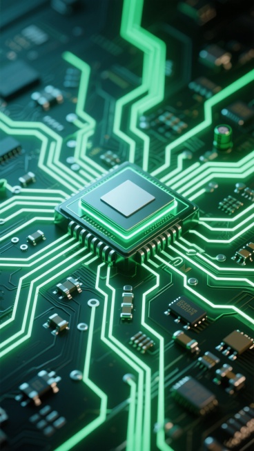 一张以电路板为主题的科技感海报，采用深绿色调背景，中央是一颗全新设计的多棱角芯片，周围延伸出更复杂交错的白色电路纹路，部分电路呈现出流动的绿色光效，点缀着不同样式的电子元件如电容、电阻和晶体管，整体构图呈放射状，光影对比强烈，营造出未来科技的神秘与精密感。预览效果