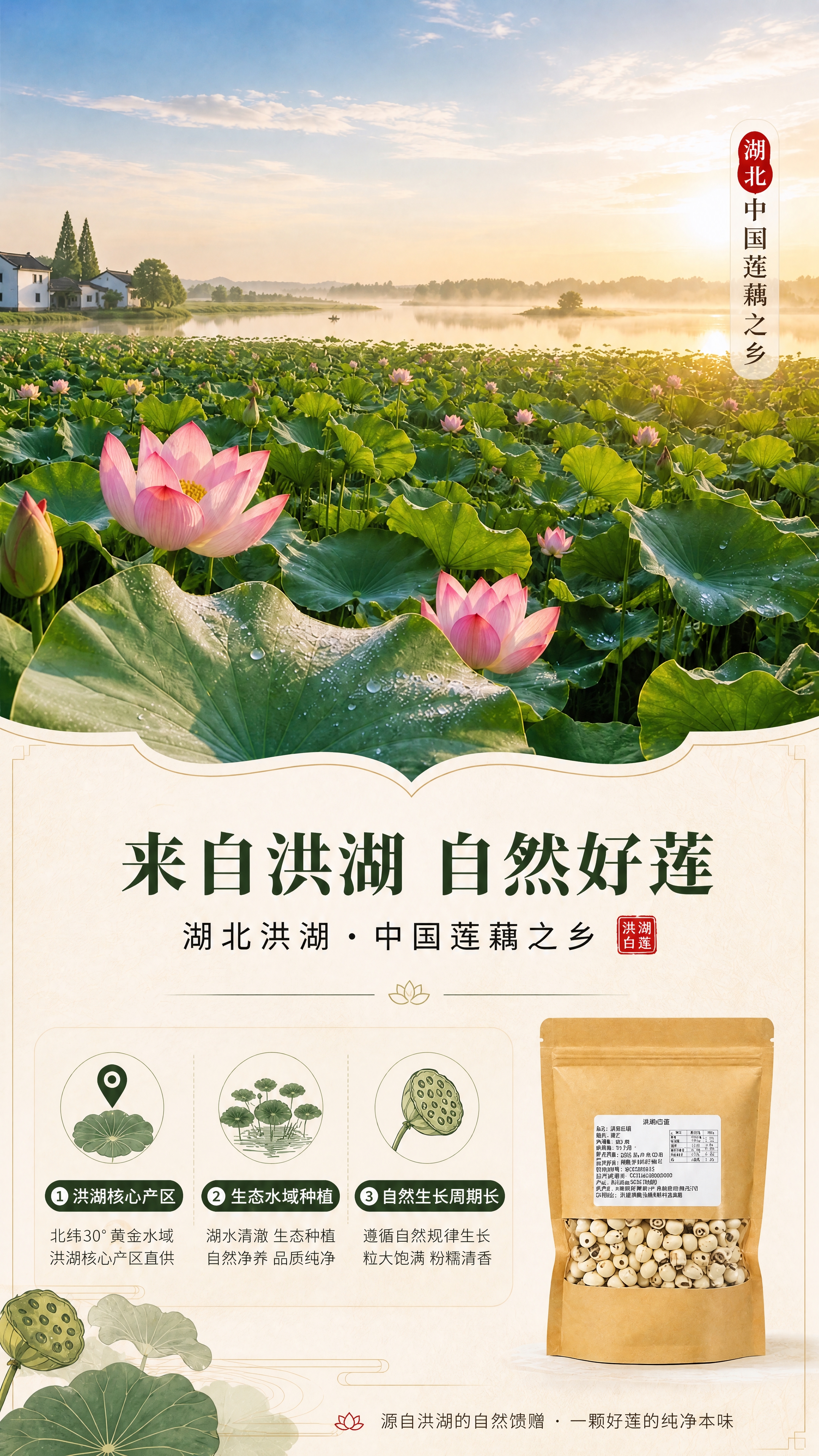 将两张图合成一张完整的详情页图片。上半部分（荷塘风景区域）使用… - 图片创意预览