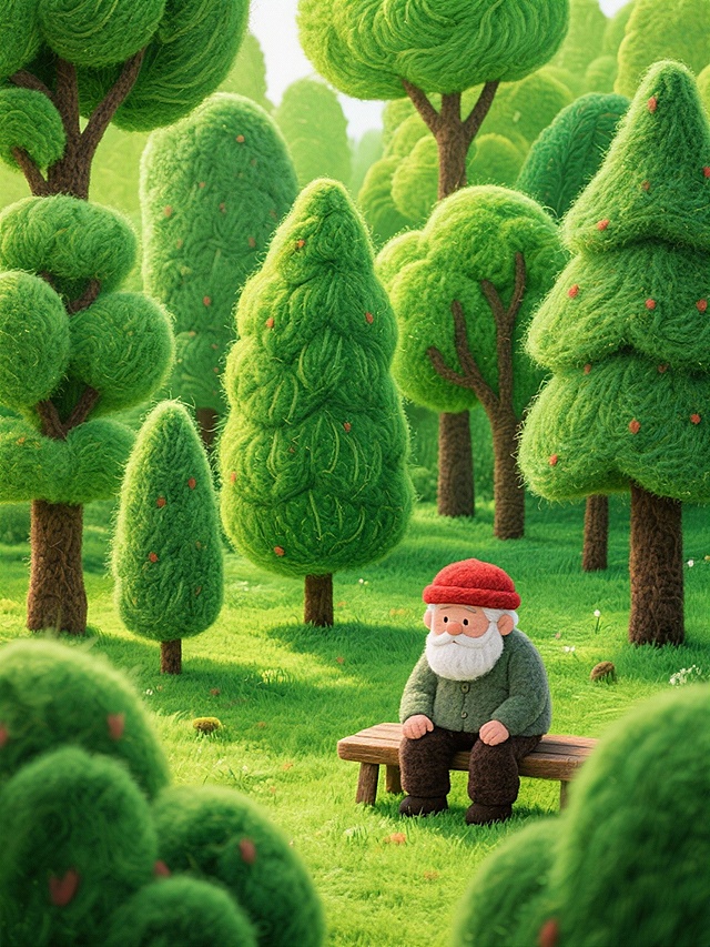 树林场景，高低不同、形状各异的树木，大面积的绿色，极细的线条勾勒，层次感丰富的绿色，肌理细腻，一位戴红色帽子的老人坐在长条凳子上，主次分明，情绪铺垫