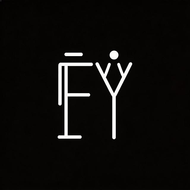 女装淘宝店logo，纯黑色背景，白色字母设计，字母F设计成男士的抽象形态，字母Y设计成女士的抽象形态，整体简约有高级设计感，适合作为店铺标识