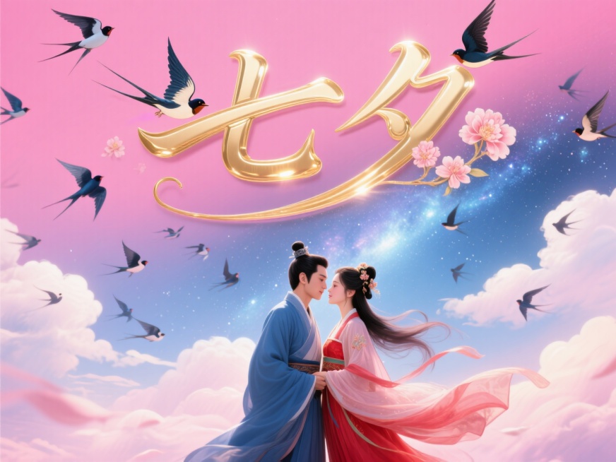 横向金色文字"七夕"。创意字体设计点缀两只喜鹊、花朵元素，线条流畅，高级感，粉色背景，高纯度配色。中国古代传统风格，古风情侣身着飘逸古装，深情对视，男子身穿蓝衣，女子身穿红衣。背景是银河，云朵，喜鹊在预览效果