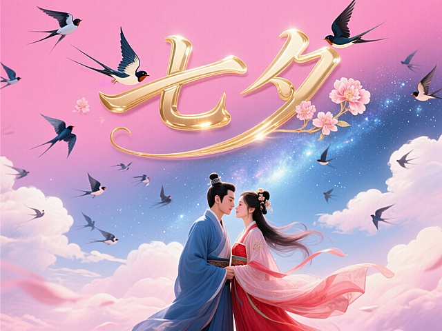 横向金色文字"七夕"。创意字体设计点缀两只喜鹊、花朵元素，线条流畅，高级感，粉色背景，高纯度配色。中国古代传统风格，古风情侣身着飘逸古装，深情对视，男子身穿蓝衣，女子身穿红衣。背景是银河，云朵，喜鹊在空中飞翔，画面整体呈现浪漫的粉色调。背景要与主题相呼应