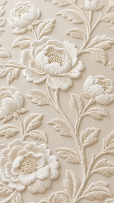 米色底布上布满立体凸起的米白色牡丹花纹，花朵层次分明，花瓣边缘有精致的刺绣纹理，花蕊部分细节丰富，枝叶线条流畅，整体呈现出细腻的提花织物质感，花纹分布均匀且具有古典雅致的装饰风格，不同花朵和叶片展现出细微的肌理差异，营造出富有层次的触觉视觉效果。预览效果