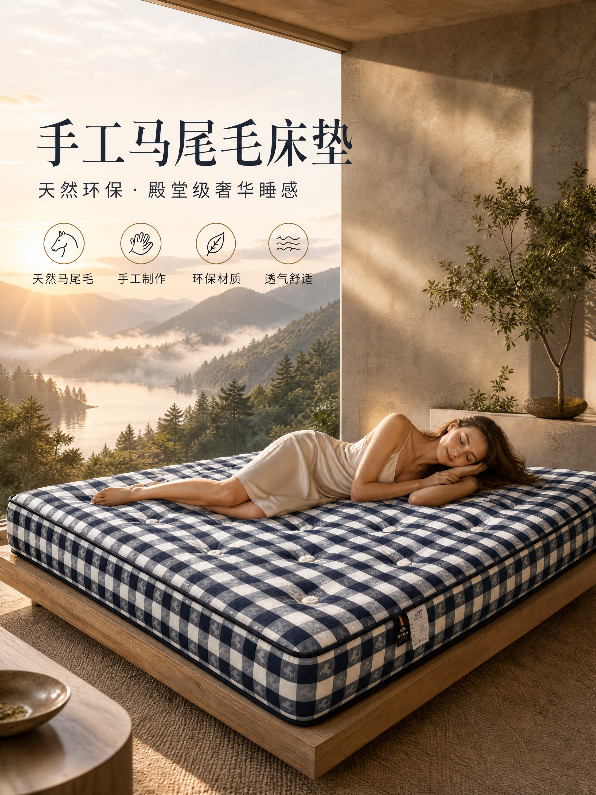 [商品] 使用【图1】蓝白格纹手工马尾毛床垫；严格保留床垫整体… - 图片创意预览