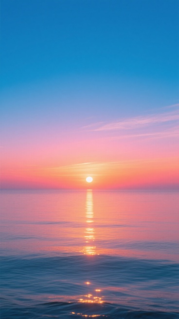 一幅宁静的晚霞风景图，天空呈现从顶部深邃的靛蓝色渐变为中间明亮的粉橙色，再到接近地平线处温暖的橘红色的渐变色彩，太阳正处于海平面附近，散发着柔和而耀眼的光芒，在水面上形成一条清晰而明亮的金色光带，波光粼粼的水面倒映着天空的绚丽色彩，整体画面具有平滑细腻的质感和柔和的光影过渡，营造出宁静、祥和而又壮丽的氛围，画面中没有任何文字和标识。预览效果