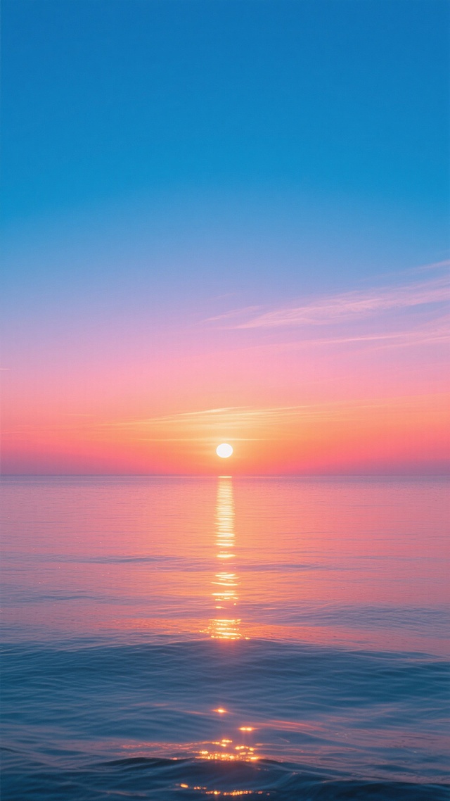 一幅宁静的晚霞风景图，天空呈现从顶部深邃的靛蓝色渐变为中间明亮的粉橙色，再到接近地平线处温暖的橘红色的渐变色彩，太阳正处于海平面附近，散发着柔和而耀眼的光芒，在水面上形成一条清晰而明亮的金色光带，波光粼粼的水面倒映着天空的绚丽色彩，整体画面具有平滑细腻的质感和柔和的光影过渡，营造出宁静、祥和而又壮丽的氛围，画面中没有任何文字和标识。