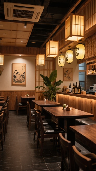 温馨雅致的日式居酒屋餐厅内部场景，原木色与暖棕色为主色调，柔和的暖黄色灯光从木质格栅灯罩中洒下，照亮深色实木餐桌与黑色皮质座椅，墙面装饰着浮世绘风格的木质版画，吧台区悬挂着日式灯笼与复古酒瓶，角落摆放着大型绿植与竹编屏风，地面铺设深色防滑榻榻米纹理地砖，整体营造出古朴静谧又不失现代舒适感的用餐氛围，空间布局开阔通透，桌椅排列整齐有序，细节处点缀着日式传统纹饰与暖光小摆件。预览效果