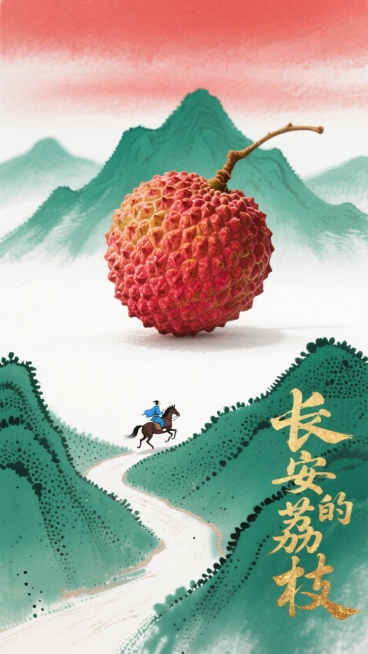 一颗巨大的荔枝落在连绵的青绿山脉间，在画面上方，前景正面特写，荔枝大山小，对比强烈，下面是一个极小的穿蓝色衣服的唐朝驿夫正骑着马在山路上飞奔着，金色书法字体“长安的荔枝”，笔锋有力，电影标题排版，在画预览效果